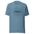 Blue t-shirt with a circular graphic and logo design on the front.