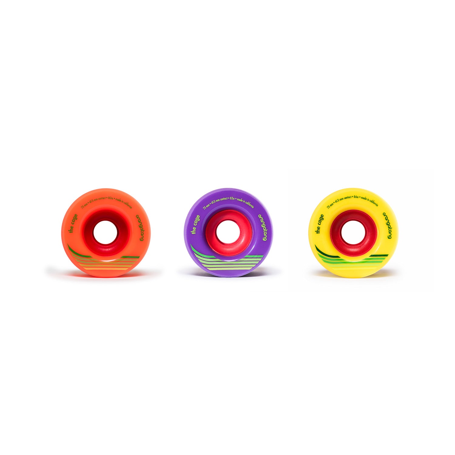 Three colorful skateboard wheels in orange, purple, and yellow.