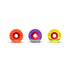 Three colorful skateboard wheels in orange, purple, and yellow.
