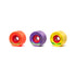 Three colorful skateboard wheels in orange, purple, and yellow