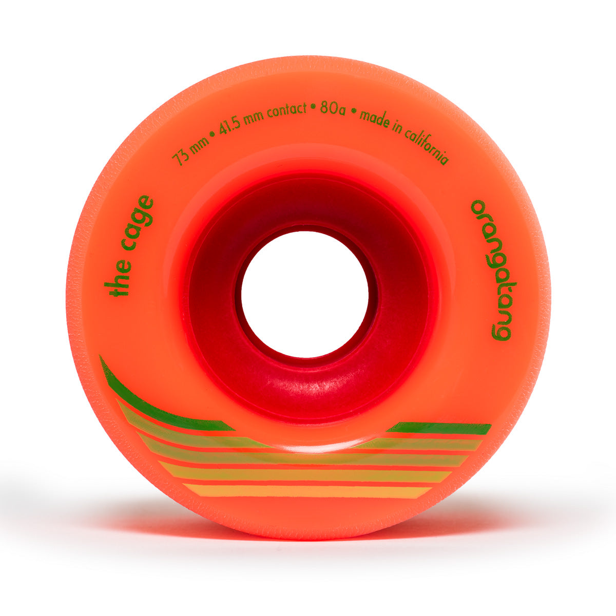 Close-up of an orange skateboard wheel with a central white hole and green text.
