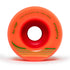 Close-up of an orange skateboard wheel with a central white hole and green text.