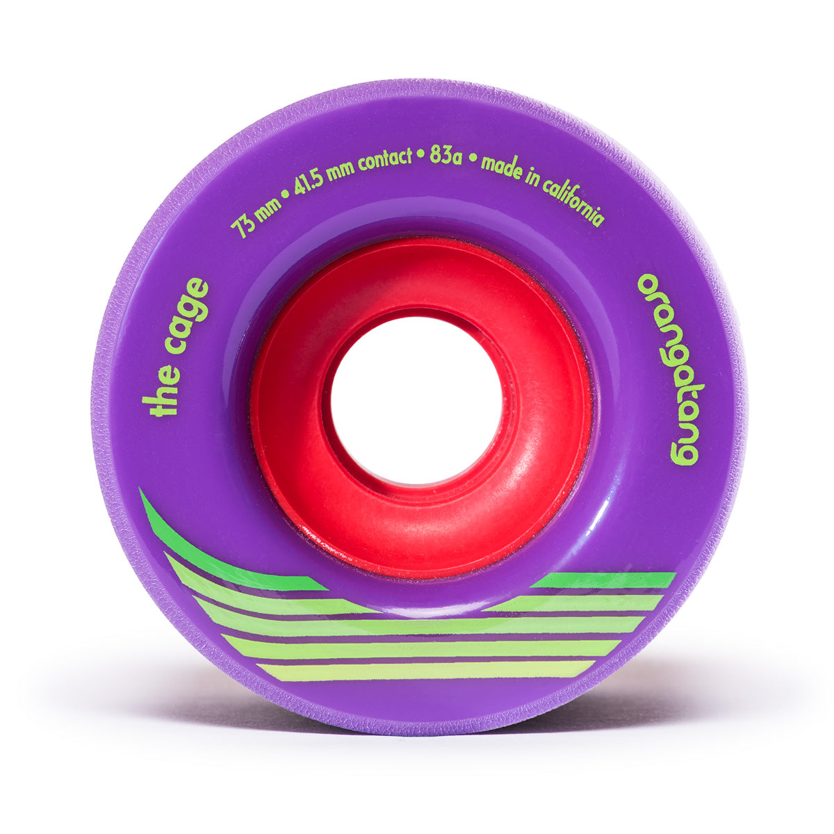Purple skateboard wheel with red core and green stripes