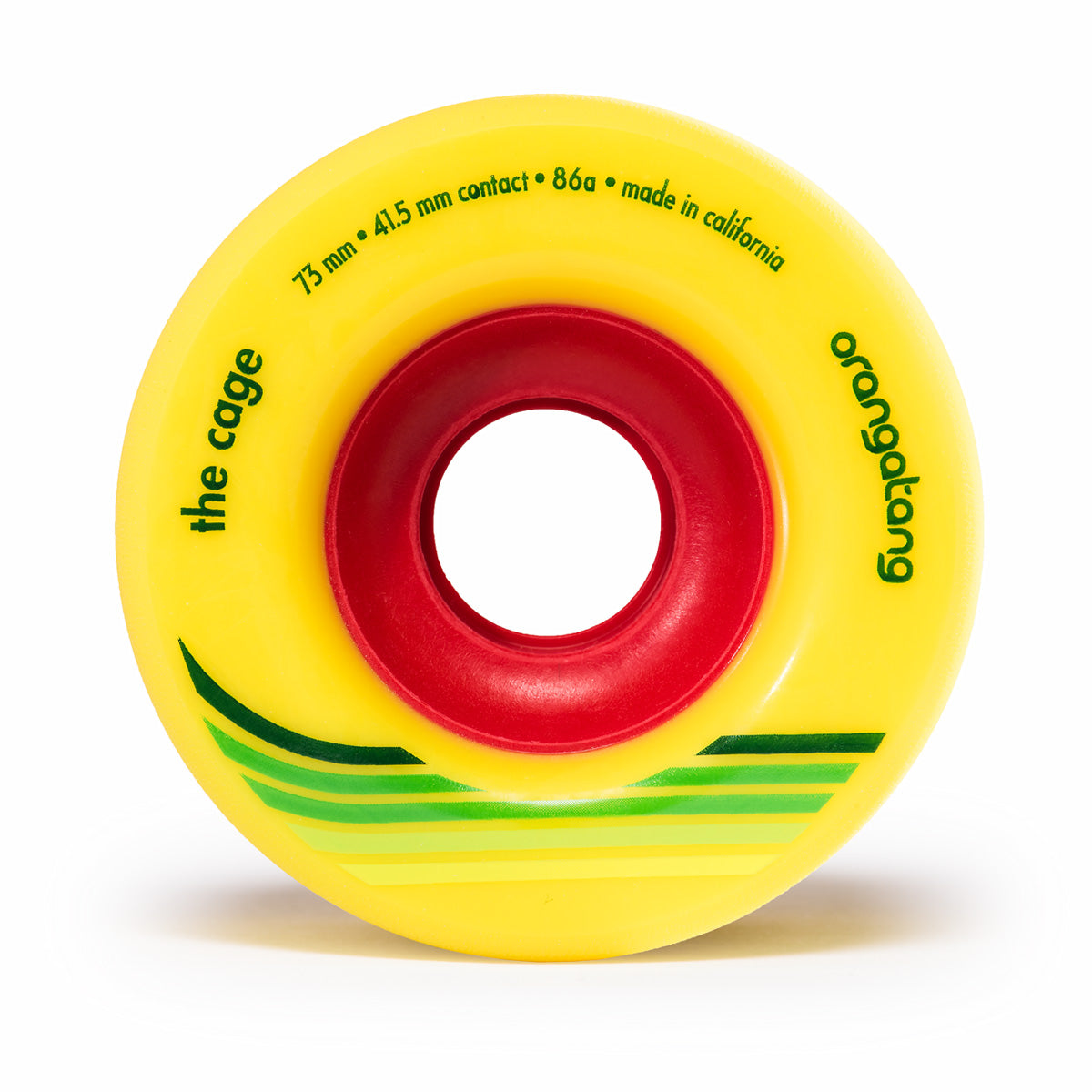 A close-up of a yellow skateboard wheel with a red inner core, labeled 'the cage' and 'orangatang'.