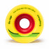A close-up of a yellow skateboard wheel with a red inner core, labeled 'the cage' and 'orangatang'.