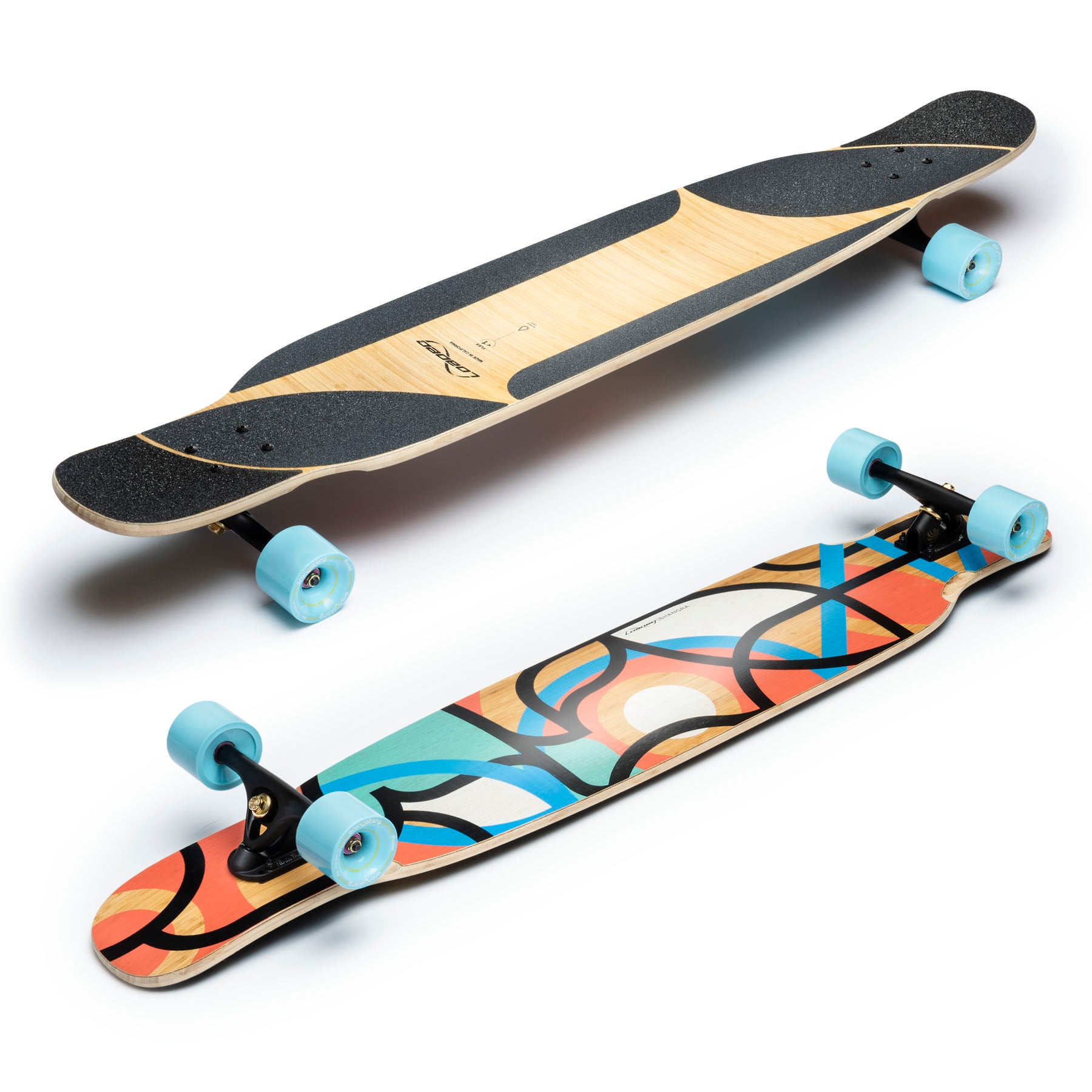 Two skateboards on a white background, one with a natural wood finish and the other with a colorful abstract design.