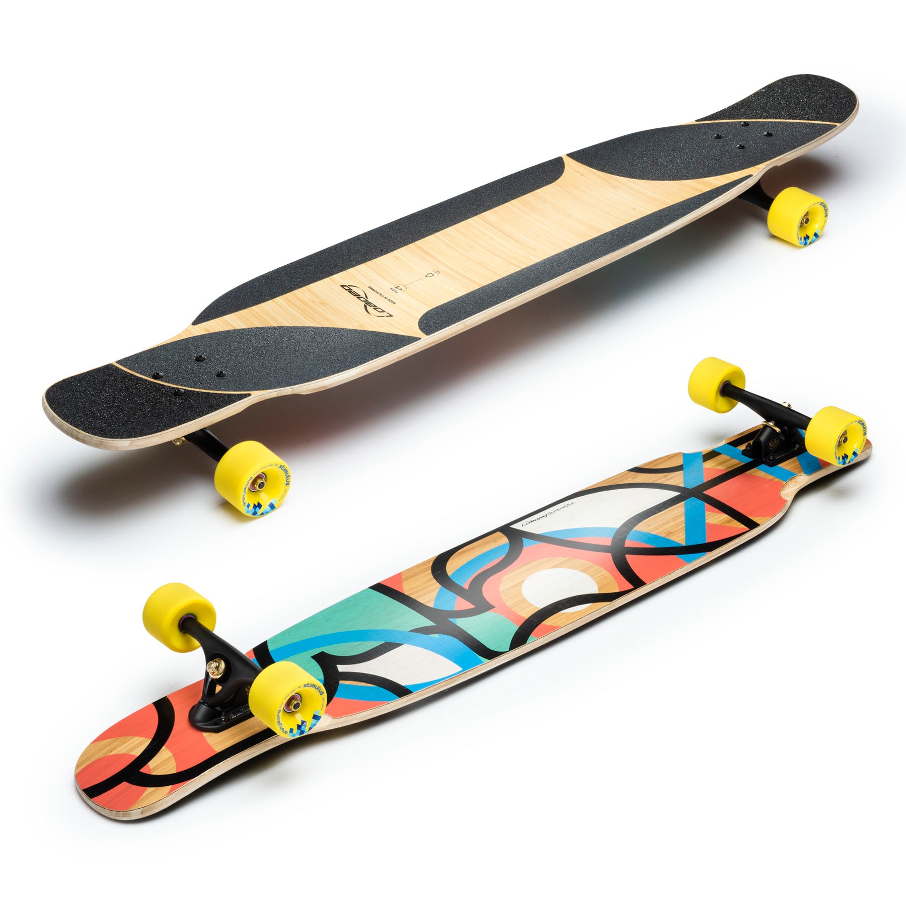 Two longboards with colorful designs and yellow wheels