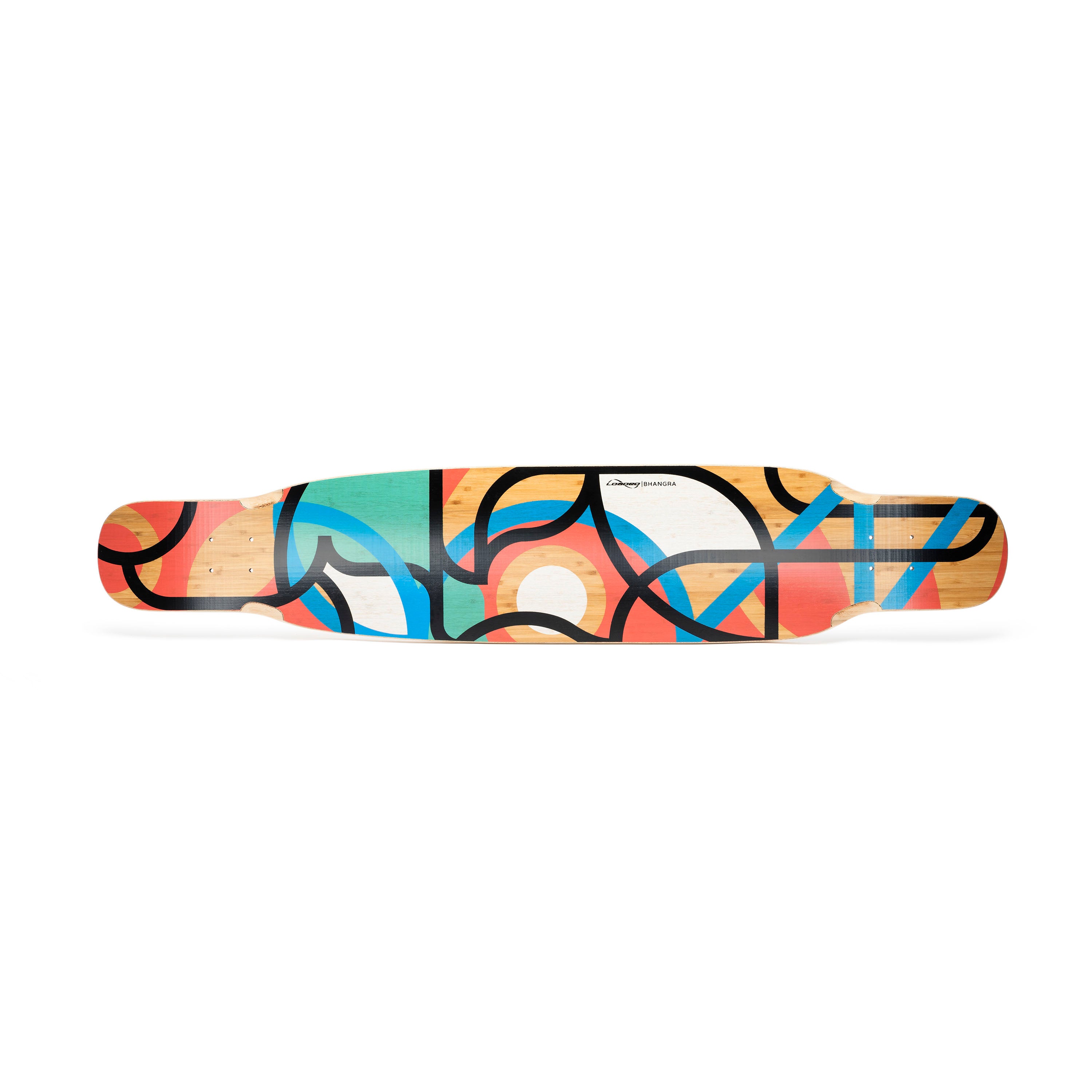 A colorful skateboard deck featuring abstract shapes and designs.