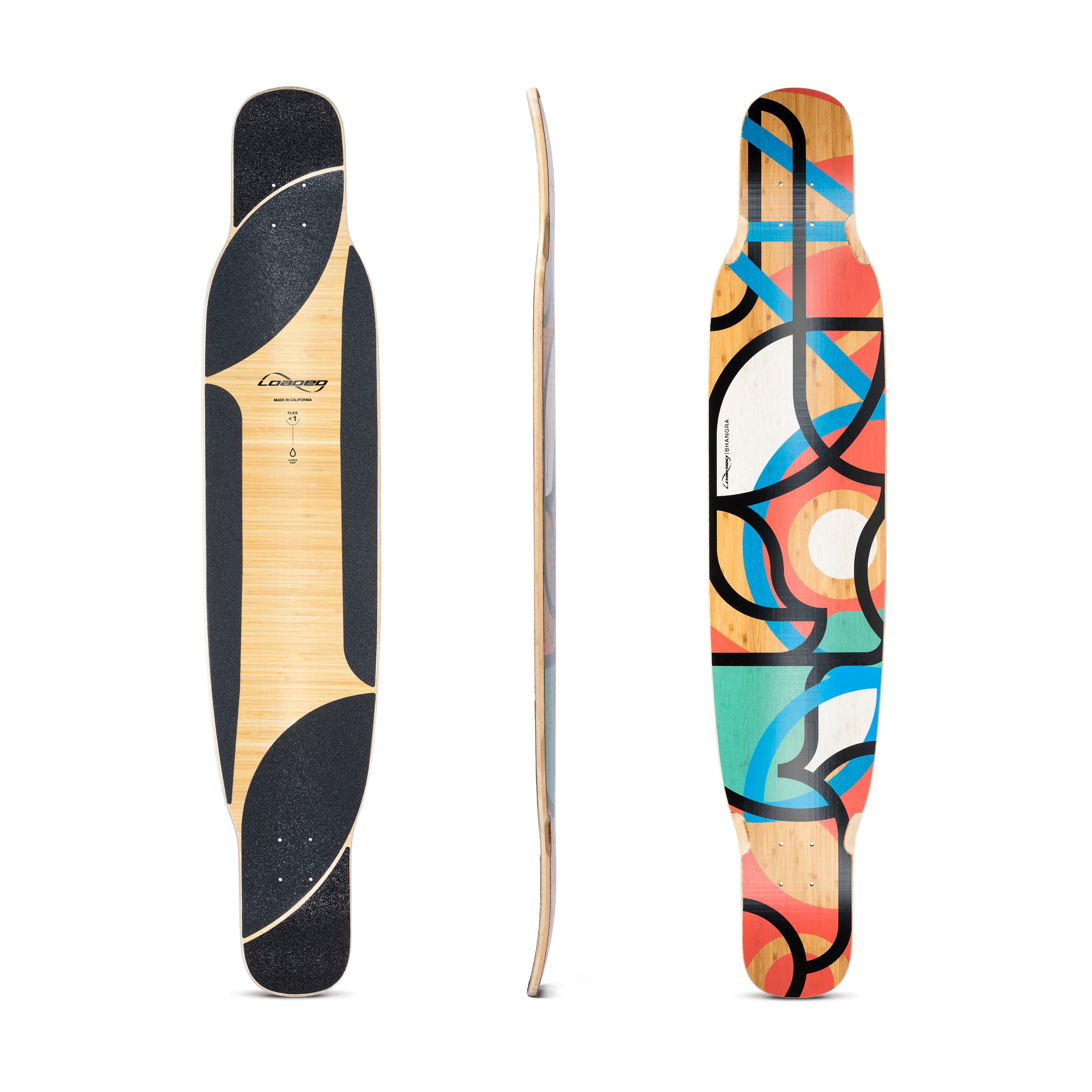 Three views of a colorful skateboard showing the top, side, and bottom designs.