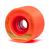 Bright orange skateboard wheel with a textured surface and colorful design.