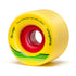 A yellow skateboard wheel with a red center, marked 'the cage' and featuring green stripes.