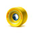 A close-up of a vibrant yellow skateboard wheel with blue inner core and decorative patterns.