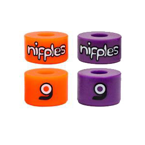 Four colorful cylindrical beads in orange and purple with the text 'nifples' and a number '9' printed on them.