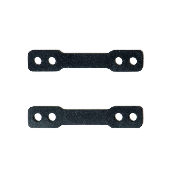 Two black, flat metal brackets with two holes each