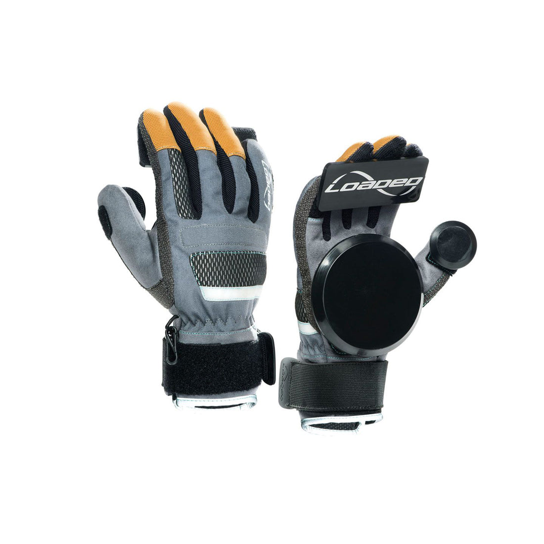 A pair of gray and orange gloves designed for sports, featuring a wrist strap and a circular pad on the palm.